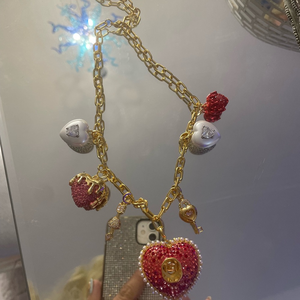 FIRM PRICING! Swarovski Gold-Tone Pink/Red Crystal Heart Necklace w/ Pearl Trim